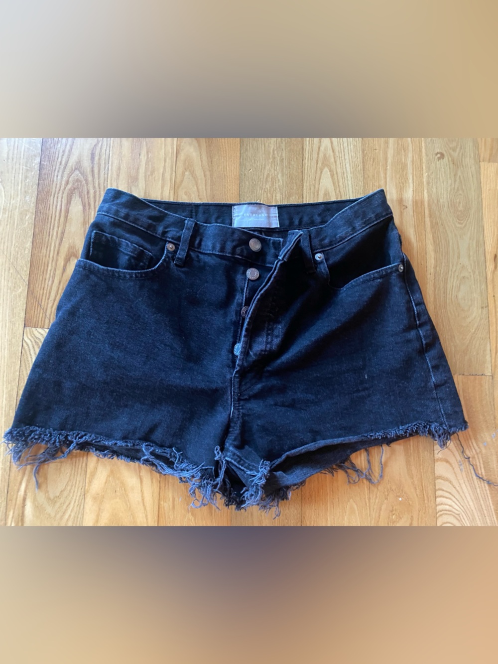 Everlane Black Frayed Hem High-Rise Denim Shorts